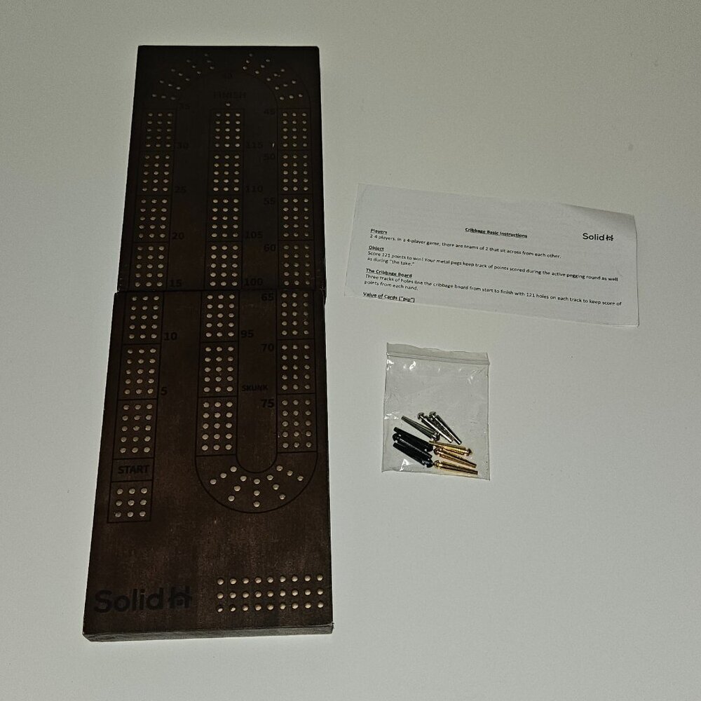 Solid H Wooden Cribbage Board Dark Brown Metal Pegs Foldable Magnetic Closure